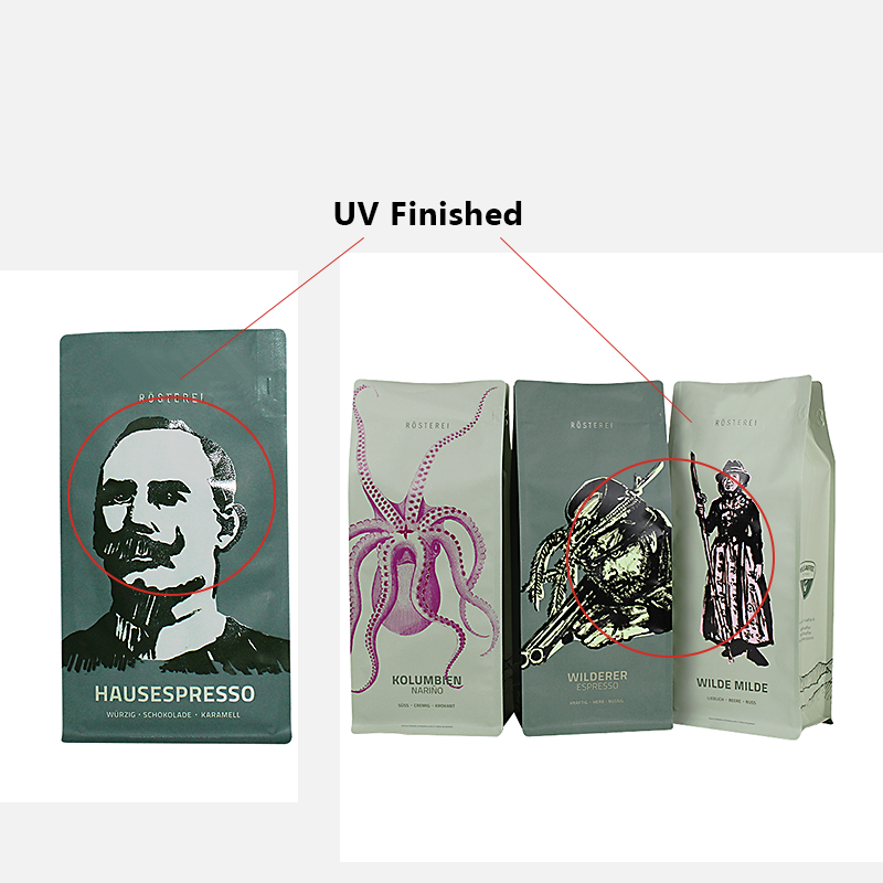 کیسه های قهوه کف مسطح کمپوست پذیر 1 UV Kraft Paper با دریچه و زیپ برای بسته بندی چای قهوه (3)